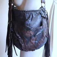 Rare Vintage Free Bird Sweet Smoke Leather Bag with Polished Agate, Fringe and Front Pocket