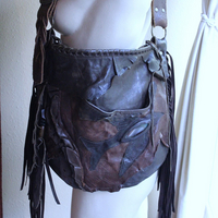 Rare Vintage Free Bird Sweet Smoke Leather Bag with Polished Agate, Fringe and Front Pocket