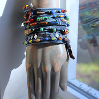 7 Coil Antique Glass Mardi Gras Bead and Silver Findings Bracelet