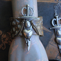 The Light Necklace & Cuff Bracelet Set with Sterling Belcher Chain, Unique Leather Cuff & Tassel, Two Wounded Heart Medals