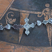 Flaming Sacred Heart Cross & Puffy Heart Bracelet 