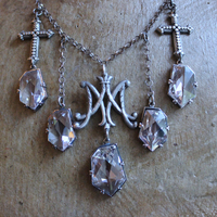 Antique French Scrolled Ave Maria AM Medal Necklace with Sterling Belcher Chain,2 Bead Point Crosses & 5 Uniquely Faceted Crystal Drops