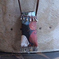 Asymmetrical Hand Painted Clouds Thangka Pouch with Far Infrared Light Healing Tower, Antique Cloud Shaped Drops & Tiny Orbs