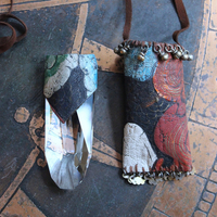 Asymmetrical Hand Painted Clouds Thangka Pouch with Far Infrared Light Healing Tower, Antique Cloud Shaped Drops & Tiny Orbs