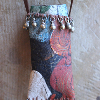 Asymmetrical Hand Painted Clouds Thangka Pouch with Far Infrared Light Healing Tower, Antique Cloud Shaped Drops & Tiny Orbs