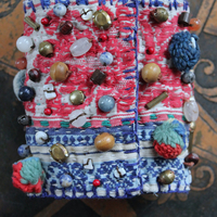 Wise Woman Kantha Cuff Bracelet with Brass Set Lapis Lazuli and Dozens of Hand Stitched Beads and Drops