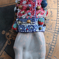 Wise Woman Kantha Cuff Bracelet with Brass Set Lapis Lazuli and Dozens of Hand Stitched Beads and Drops