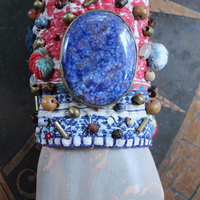 Wise Woman Kantha Cuff Bracelet with Brass Set Lapis Lazuli and Dozens of Hand Stitched Beads and Drops