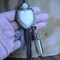 NEW! Antique French Braided Metal Thread Trim Necklace w/Silver Repousse Carved Bone Flaming Sacred Heart, Engraved Nun's Cross, Water Clear AAA Light Citrine Point