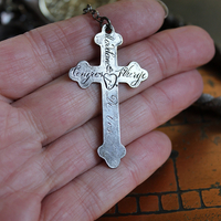 NEW! Antique French Braided Metal Thread Trim Necklace w/Silver Repousse Carved Bone Flaming Sacred Heart, Engraved Nun's Cross, Water Clear AAA Light Citrine Point