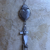 Unique Flaming Sacred Heart Pendant Necklace with Sterling Belcher Chain,Tiny Sterling Crucifix,Sterling Capped Clear Quartz Point & More!