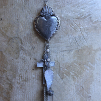 Unique Flaming Sacred Heart Pendant Necklace with Sterling Belcher Chain,Tiny Sterling Crucifix,Sterling Capped Clear Quartz Point & More!