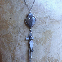 Unique Flaming Sacred Heart Pendant Necklace with Sterling Belcher Chain,Tiny Sterling Crucifix,Sterling Capped Clear Quartz Point & More!