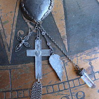 Unique Flaming Sacred Heart Pendant Necklace with Sterling Belcher Chain,Tiny Sterling Crucifix,Sterling Capped Clear Quartz Point & More!