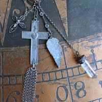 Unique Flaming Sacred Heart Pendant Necklace with Sterling Belcher Chain,Tiny Sterling Crucifix,Sterling Capped Clear Quartz Point & More!