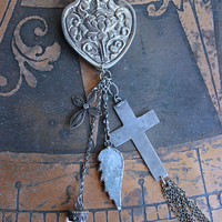 Unique Flaming Sacred Heart Pendant Necklace with Sterling Belcher Chain,Tiny Sterling Crucifix,Sterling Capped Clear Quartz Point & More!