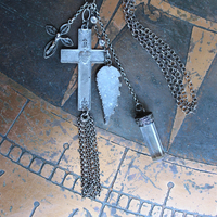 Unique Flaming Sacred Heart Pendant Necklace with Sterling Belcher Chain,Tiny Sterling Crucifix,Sterling Capped Clear Quartz Point & More!