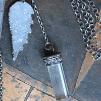 Unique Flaming Sacred Heart Pendant Necklace with Sterling Belcher Chain,Tiny Sterling Crucifix,Sterling Capped Clear Quartz Point & More!