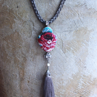 It Felt Love Necklace w/Embroidered Rose Heart Pendant,Antique Sterling Rose Medal,Antique Rose Capped Tassel & Antique Real Metal Braided Trim Chain