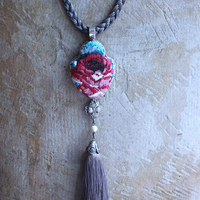 It Felt Love Necklace w/Embroidered Rose Heart Pendant,Antique Sterling Rose Medal,Antique Rose Capped Tassel & Antique Real Metal Braided Trim Chain
