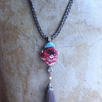It Felt Love Necklace w/Embroidered Rose Heart Pendant,Antique Sterling Rose Medal,Antique Rose Capped Tassel & Antique Real Metal Braided Trim Chain