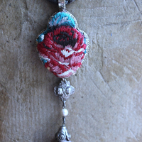 It Felt Love Necklace w/Embroidered Rose Heart Pendant,Antique Sterling Rose Medal,Antique Rose Capped Tassel & Antique Real Metal Braided Trim Chain