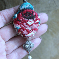 It Felt Love Necklace w/Embroidered Rose Heart Pendant,Antique Sterling Rose Medal,Antique Rose Capped Tassel & Antique Real Metal Braided Trim Chain