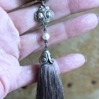 It Felt Love Necklace w/Embroidered Rose Heart Pendant,Antique Sterling Rose Medal,Antique Rose Capped Tassel & Antique Real Metal Braided Trim Chain