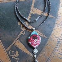 It Felt Love Necklace w/Embroidered Rose Heart Pendant,Antique Sterling Rose Medal,Antique Rose Capped Tassel & Antique Real Metal Braided Trim Chain