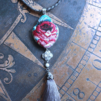 It Felt Love Necklace w/Embroidered Rose Heart Pendant,Antique Sterling Rose Medal,Antique Rose Capped Tassel & Antique Real Metal Braided Trim Chain