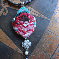 It Felt Love Necklace w/Embroidered Rose Heart Pendant,Antique Sterling Rose Medal,Antique Rose Capped Tassel & Antique Real Metal Braided Trim Chain
