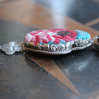 It Felt Love Necklace w/Embroidered Rose Heart Pendant,Antique Sterling Rose Medal,Antique Rose Capped Tassel & Antique Real Metal Braided Trim Chain
