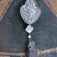It Felt Love Necklace w/Embroidered Rose Heart Pendant,Antique Sterling Rose Medal,Antique Rose Capped Tassel & Antique Real Metal Braided Trim Chain