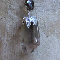 The Protection Necklace with a Uniquely Capped Smoky Quartz Free Form Pendant, Silver Paillete Chain & Checkerboard Faceted Smoky Quartz Connector