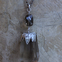 The Protection Necklace with a Uniquely Capped Smoky Quartz Free Form Pendant, Silver Paillete Chain & Checkerboard Faceted Smoky Quartz Connector