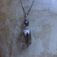 The Protection Necklace with a Uniquely Capped Smoky Quartz Free Form Pendant, Silver Paillete Chain & Checkerboard Faceted Smoky Quartz Connector