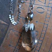 The Protection Necklace with a Uniquely Capped Smoky Quartz Free Form Pendant, Silver Paillete Chain & Checkerboard Faceted Smoky Quartz Connector