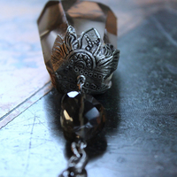 The Protection Necklace with a Uniquely Capped Smoky Quartz Free Form Pendant, Silver Paillete Chain & Checkerboard Faceted Smoky Quartz Connector