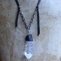 Amazing Free Form Clear Ghost Quartz Pendant Necklace with Embossed Silver Chain, Premium Black Suede Leather Cap & Ties