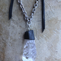 Amazing Free Form Clear Ghost Quartz Pendant Necklace with Embossed Silver Chain, Premium Black Suede Leather Cap & Ties