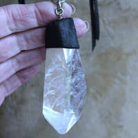 Amazing Free Form Clear Ghost Quartz Pendant Necklace with Embossed Silver Chain, Premium Black Suede Leather Cap & Ties