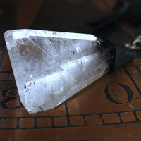 Amazing Free Form Clear Ghost Quartz Pendant Necklace with Embossed Silver Chain, Premium Black Suede Leather Cap & Ties