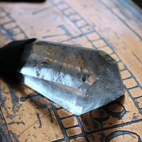 Amazing Free Form Clear Ghost Quartz Pendant Necklace with Embossed Silver Chain, Premium Black Suede Leather Cap & Ties
