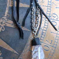 Amazing Free Form Clear Ghost Quartz Pendant Necklace with Embossed Silver Chain, Premium Black Suede Leather Cap & Ties