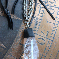 Amazing Free Form Clear Ghost Quartz Pendant Necklace with Embossed Silver Chain, Premium Black Suede Leather Cap & Ties