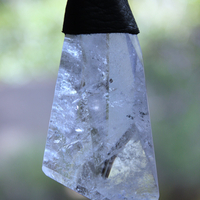 Amazing Free Form Clear Ghost Quartz Pendant Necklace with Embossed Silver Chain, Premium Black Suede Leather Cap & Ties