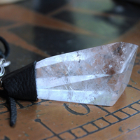Amazing Free Form Clear Ghost Quartz Pendant Necklace with Embossed Silver Chain, Premium Black Suede Leather Cap & Ties