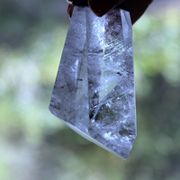 Amazing Free Form Clear Ghost Quartz Pendant Necklace with Embossed Silver Chain, Premium Black Suede Leather Cap & Ties