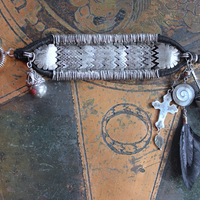 How to Fly Bracelet with Old Sterling Cuff, Sterling Cross, Raven Wing,Glass Quote Vessel & Sterling Capped Bead