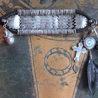 How to Fly Bracelet with Old Sterling Cuff, Sterling Cross, Raven Wing,Glass Quote Vessel & Sterling Capped Bead